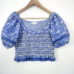 Loveshackfancy Molly Smocked Floral Puff Sleeve Crop Top Small